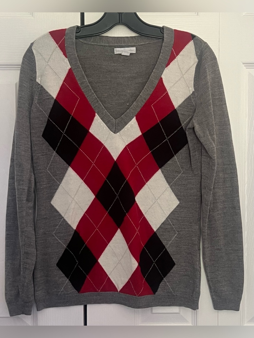 New York & Company Gray V-Neck Argyle Sweater with Red and Black Accents